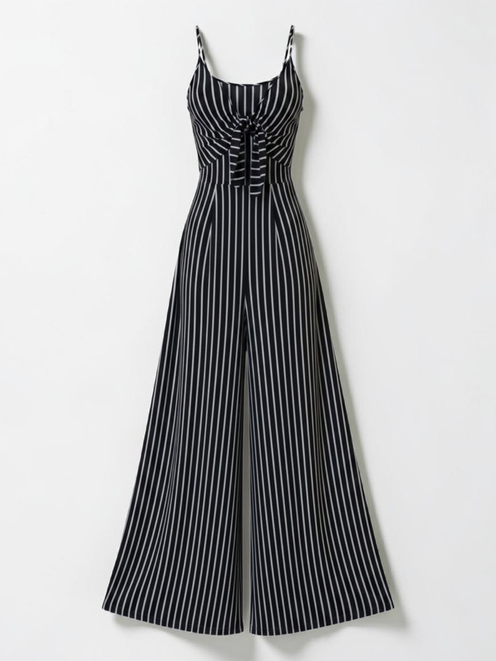 Striped Black & White Wide-Leg Jumpsuit with Tie Front